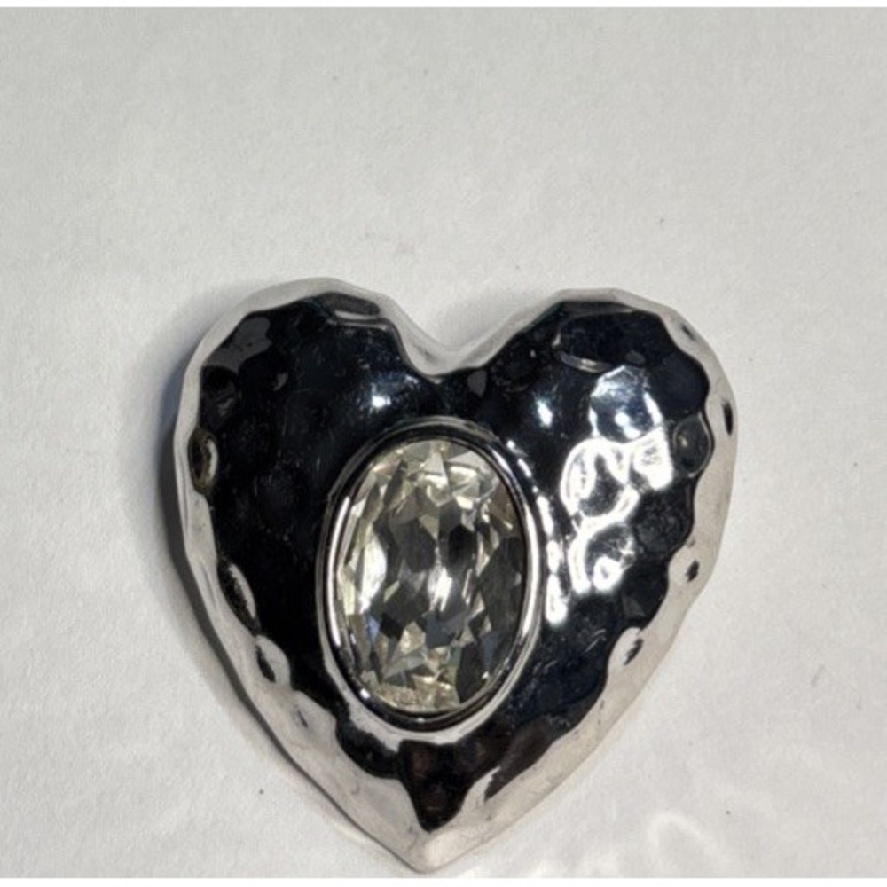 Silver Tone Heart Brooch Clear Oval Crystal Hammered Statement Pin 1"